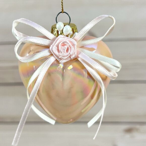VTG Glass Heart Shaped Ornaments Lot of 3 Pink Iridescent Floral Bow Christmas - Picture 2 of 10